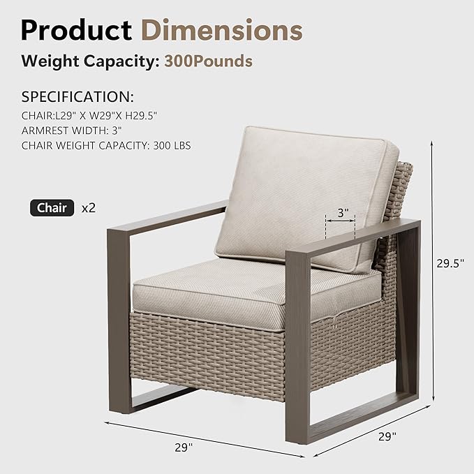 Patio Chairs Set of 2, Outdoor Wicker Chair Metal Patio Furniture with Deep Seating, Thicken Cushions for Deck, Porch, Yard Use (Beige, 2 PCS/Chairs)