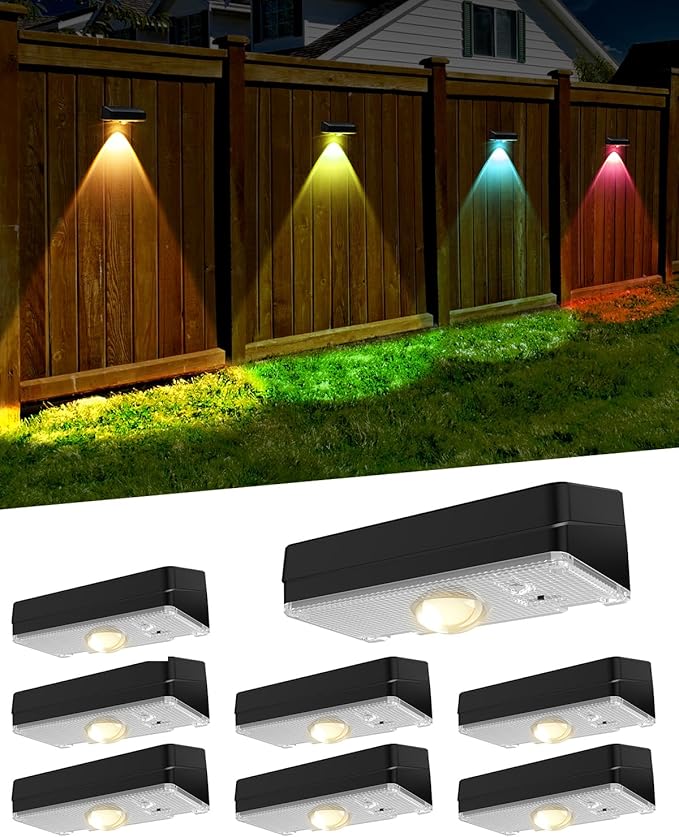 2025 Upgraded Solar Fence Lights Outdoor 8 Pack, 3000K-6000K Solar Deck Lights 30H Runtime, 12 RGB Modes Solar Powered Wall Lights IP65 Waterproof Auto On/Off for Backyard, Patio, Step, Gutter 1 Lens