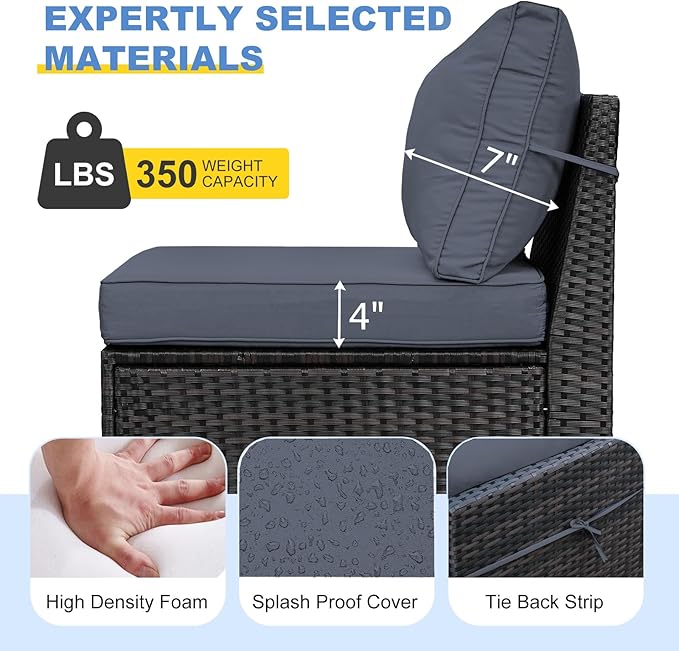 7 Pieces Patio Furniture Set, Wicker Outdoor Conversation Sets with Tea Table, Rattan Patio Sofa with Thick Cushions for Garden, Backyard Porch, Poolside, Patry, Gray