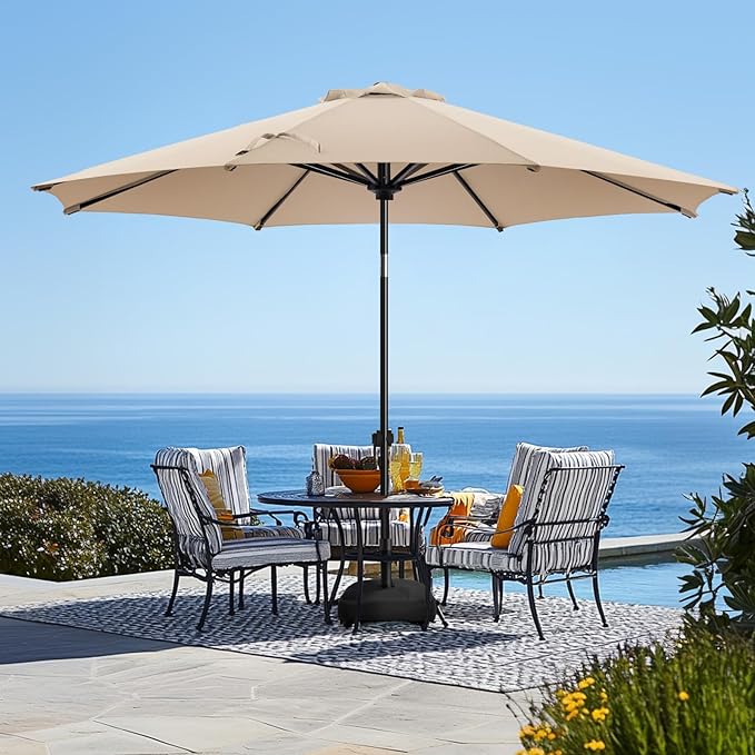 wikiwiki 10FT Patio Umbrella with Base, Outdoor Umbrellas with Base Included, 8 Sturdy Ribs, Waterproof Fade Resistant POLYESTER DTY Canopy for Deck, Lawn, Garden, Backyard & Pool, Beige