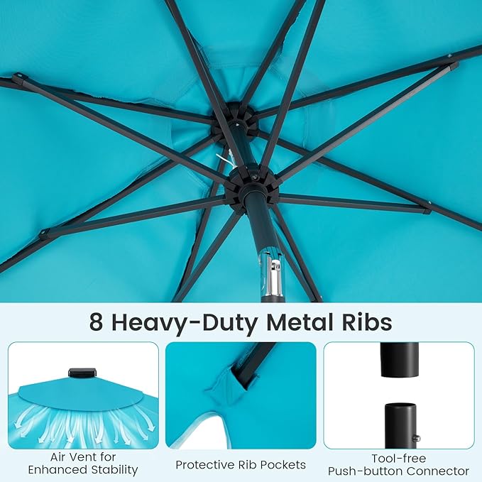 Tangkula 9 FT Solar Patio Umbrella with Base Included, 2-Tiers Outdoor Scalloped Table Umbrella with 32 LED Lights, 2 Sandbags, Tilt Adjustment, Crank, 8 Ribs for Market Backyard Pool Deck Beach Lawn