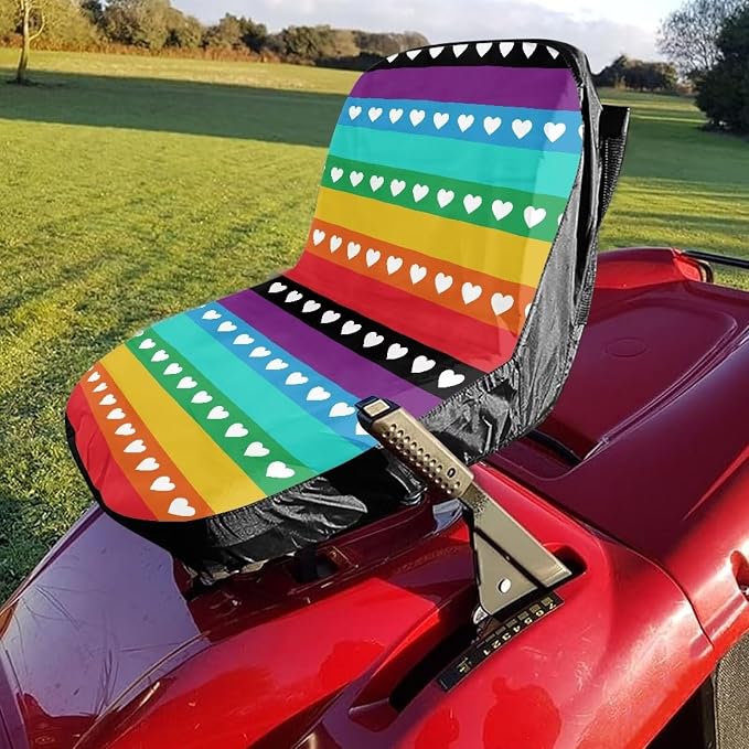 Rainbow Striped Heart Riding Lawn Mower Seat Cover Non Slip Lawn Mower Seat Covers Universal Tractor Seat Protector with Storage Pocket