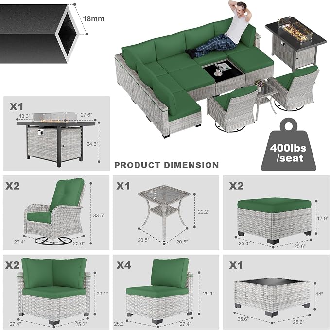 13-Piece Patio Furniture Set, Outdoor Patio Furniture with Swivel Chairs Set, Ottomans, 55,000 BTU Fire Pit Table, Modular Patio Sofa, Dual-Strand Wicker Rattan, Rust-Resistant Frame, Dark Green
