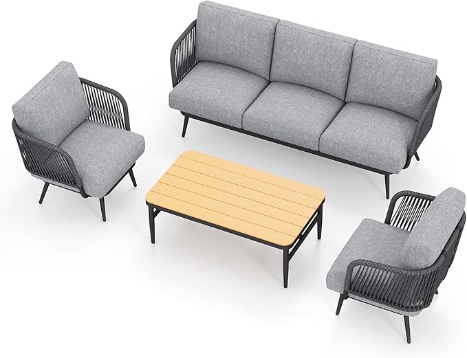 Patio Furniture Set, 5-Seat Outdoor Sofa Furniture Deep Seating with Coffee Table, Metal Patio Conversation Sets with Waterproof & Extra-Thick Cushions for Garden, Poolside, Backyard