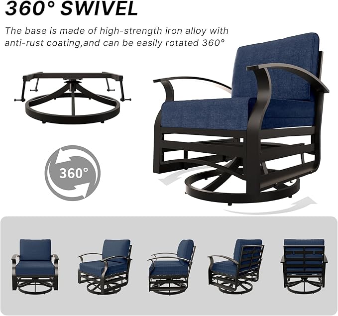Gotland Outdoor Aluminum Patio Furniture Set with Fire Pit Table, 13 Pieces Metal Patio Furniture with 2 Swivel Rocking Chairs 11 Seats Waterproof 5.1'' Seat Cushions, for Garden Balcony Porch Navy