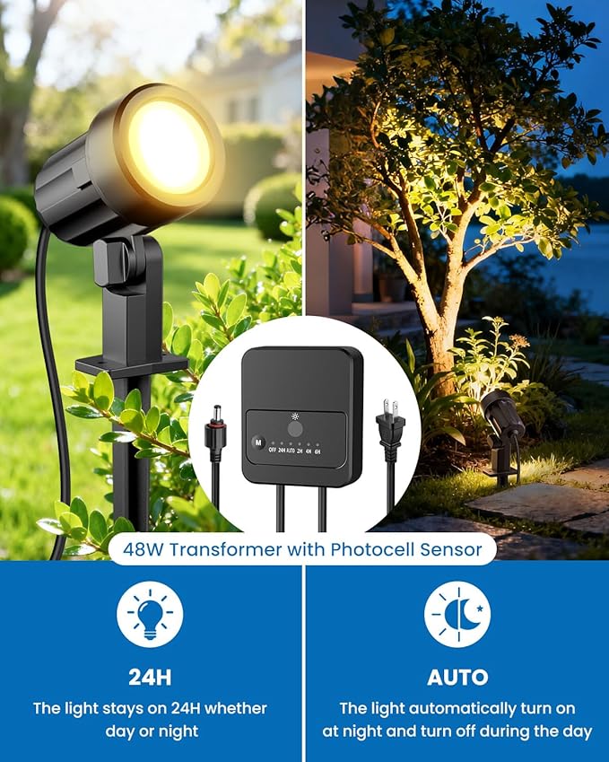 ZZXX All-in-One Low Voltage Landscape Lighting Kit, 4-Pack LED Landscape Lights with Transformer 32FT Wire and Connectors, 2700K Waterproof Landscape Spot Lights for Garden Yard House Tree
