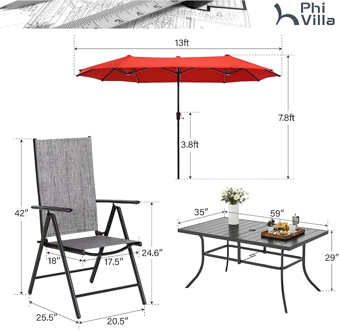 PHI VILLA Outdoor Dining Set with Umbrella for 6, Patio Dining Set with Outdoor Table and Chairs Set, Ajustable Grey Folding Patio Chairs (No Umbrella Base)