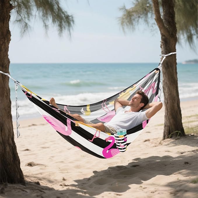 Black and White Striped Flamingo 330lb Capacity Hammocks with Tree Straps Backyard Hammock for Outside Patio Garden Base de hamaca para adultos