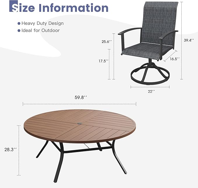 VICLLAX Outdoor Table and Chairs Set for 8, Patio Dining Set of 60 Metal Round Patio Table with Umbrella Hole & 9 Swivel Outdoor Dining Chairs for Backyard Lawn, Charcoal & Walnut