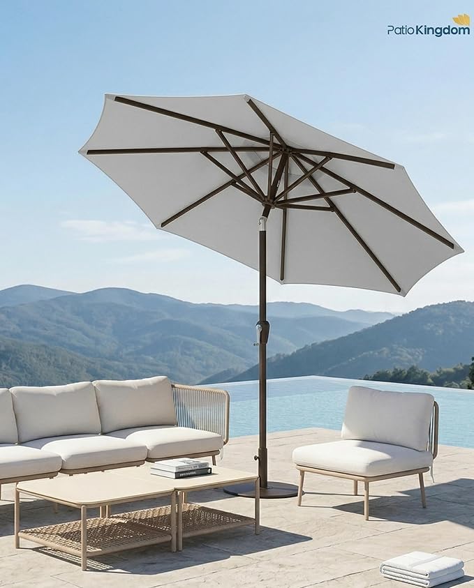 PatioKingdom Auto-Tilt 9FT Patio Umbrella Outdoor with 8 Sturdy Fiberglass Ribs,Market Table Umbrella for Pool,Backyard,Deck and Garden
