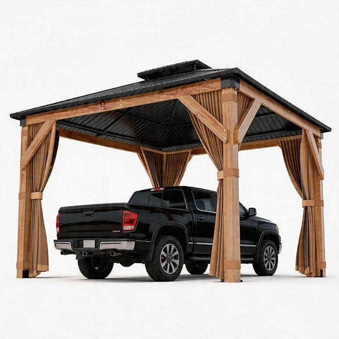 10x12 FT Hardtop Wooden Gazebo with Galvanized Steel Double Roof, Aluminum Frame, Mosquito Netting & Curtains – Durable Outdoor Pavilion for Patio, Backyard, Deck & Lawn