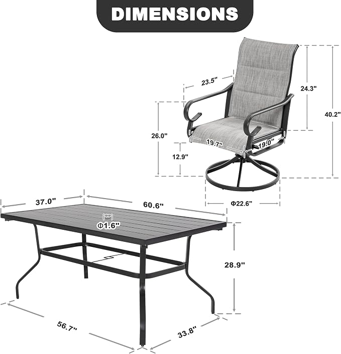 NUU GARDEN 7PCS Outdoor Dining Set with Umbrella Hole, Patio Table and Chair Set, Outdoor Dining Table and Swivel Chairs with High Backrest, All-Weather Padded Textilene Patio Dining Set, Light Gray