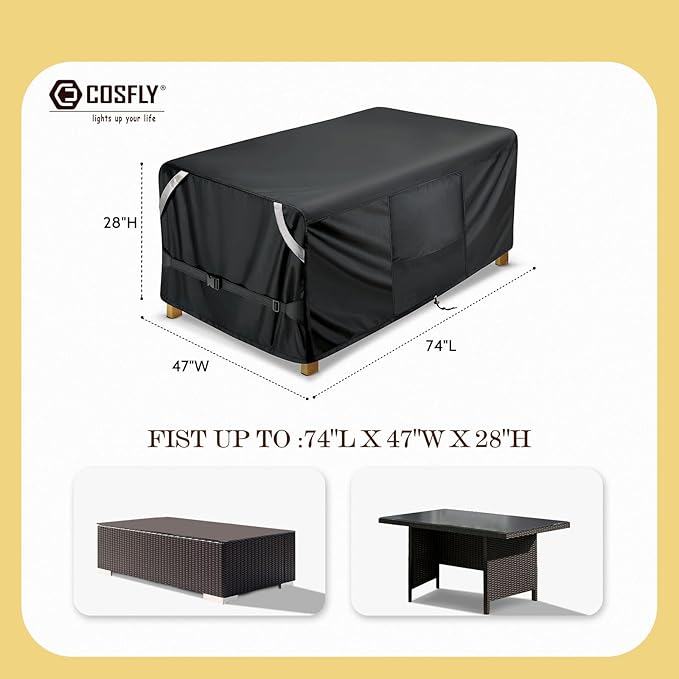 COSLFY Waterproof Patio Furniture Covers for Table, Heavy-Duty 600D Oxford Outdoor Dining Set Cover with Drawstring, UV-Resistant All-Weather Protection, Fits 74L x 47W x 28H Inch(Black)