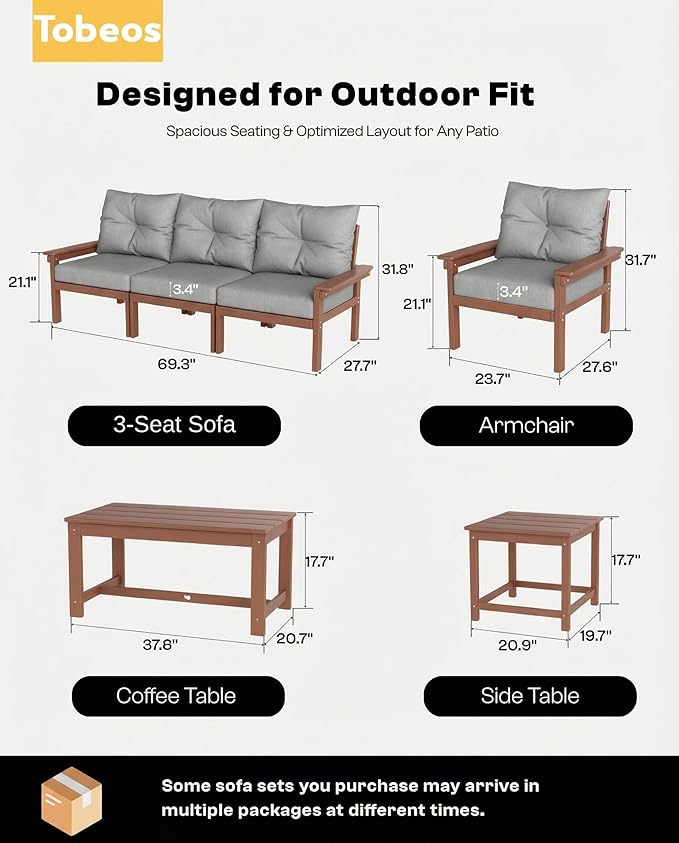 HDPE 3 Piece Patio Furniture Set, All-Weather Outdoor Couch Bistro Set with Thick Cushions & Side Table, Patio Conversation Sets for Lawn, Garden, Porch, Balcony, Deck, Poolside, Teak