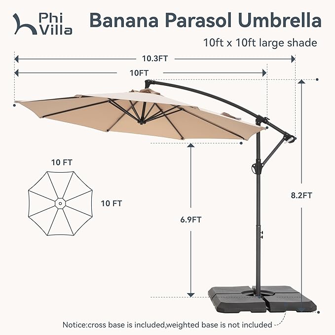 PHI VILLA 10ft Offset Patio Umbrellas, Outdoor Market Hanging Umbrella with 8 Ribs & Cross Base(No Weight), for Deck Pool Porch Backyard, Beige