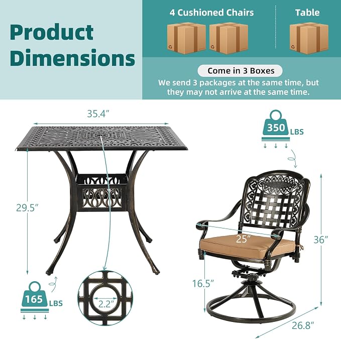 MEETWARM 5-Piece Outdoor Patio Dining Set, All-Weather Cast Aluminum Patio Conversation Set with 4 Cushions Swivel Rocker Chairs for Backyard Garden Deck and 35.4" Square Table, 2.2" Umbrella Hole
