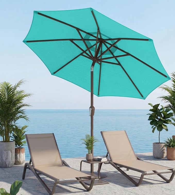 10FT Patio Umbrella, Outdoor Umbrella with Push Button Tilt and Crank, 8 Sturdy Ribs, UV Protection & Waterproof Market Umbrella for Pool, Backyard, Beach,Deck (Cerulean)