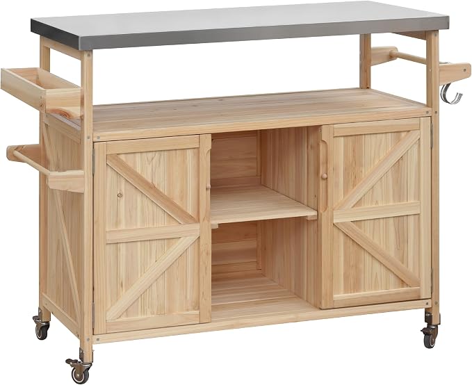 Outdoor Grill Table Bar Cart with Stainless Steel Top, Farmhouse Solid Wood Outdoor Kitchen Island with Spice Rack and Towel Rack, Rolling Island Cart for Kitchen, BBQ, Garden, Patio, Natural