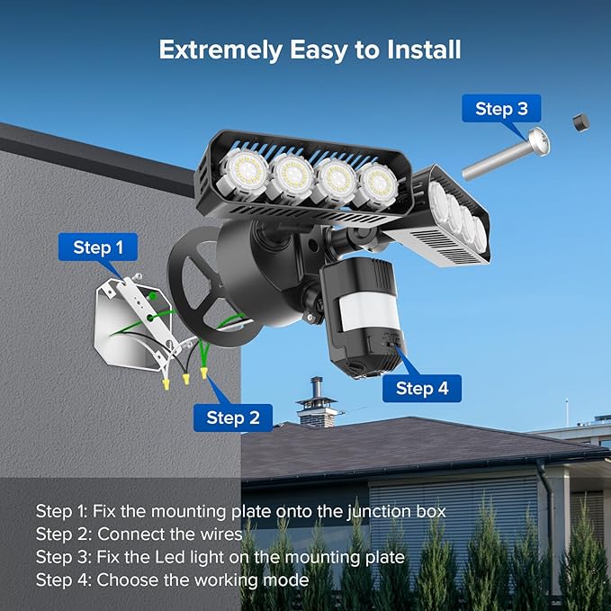 SANSI 7000LM Brightness Motion Sensor Outdoor Lights, 54W 5000K IP65 Waterproof LED Flood Light Outdoor, 700W Equiv Dusk to Dawn Security Lights 72FT Adjustable 2 Head 8 Lights, Yard Garage, Hardwired