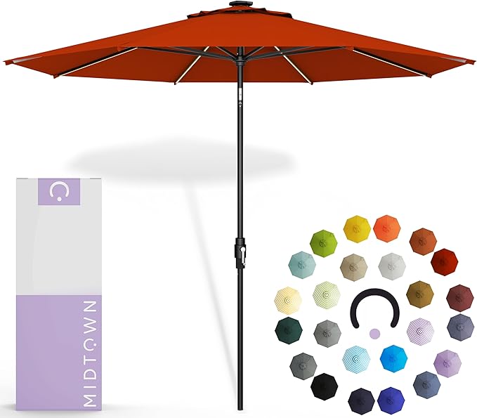 Midtown Umbrellas The LED Swilt 10 Feet Patio Umbrella With Terylast Apple (Red) Polyester Fabric - Auto-Tilt Aluminum Frame With LED Lights For Backyard, Deck, Garden, Pool - Black Pole