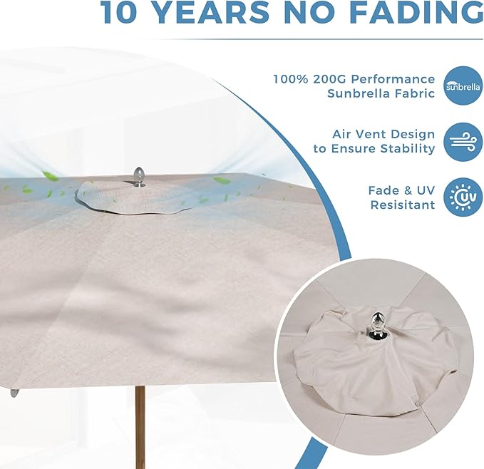 Grand patio 11 FT Sunbrella Patio Umbrella, Outdoor Umbrella with 8 Faux-Wood Grain Aluminum Ribs, Market Umbrella with Pulley Lift, Ventilation, Poolside, Deck, Backyard, Flax