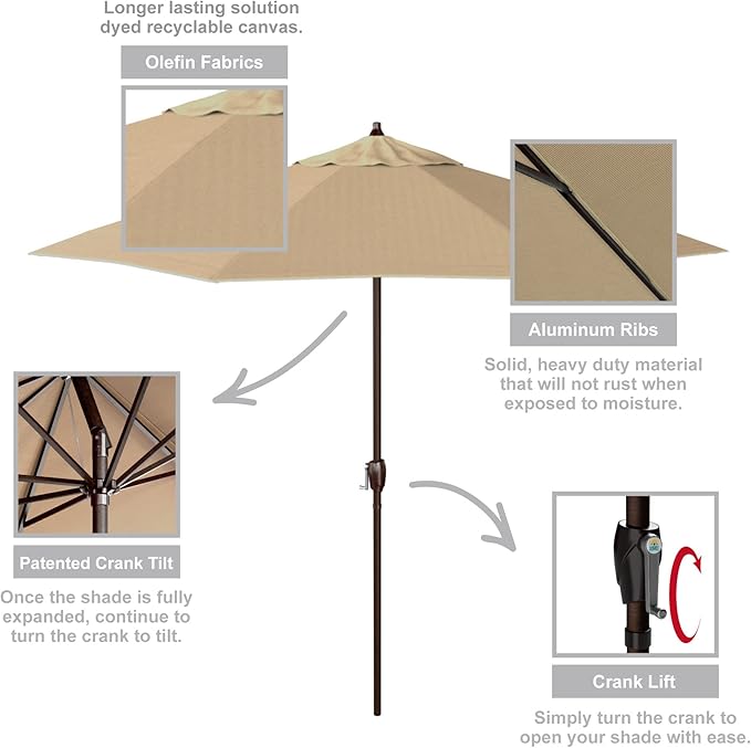 California Umbrella 9' Round Aluminum Outdoor Deck, Pool or Patio Umbrella, Crank Lift, Auto Tilt, Bronze Pole, Champagne Olefin