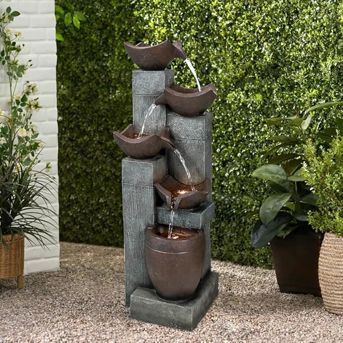 SunJet 39.7” Indoor/Outdoor Garden Water Fountain with Led Lights, 5-Tiers Modern Floor-Standing Cascading Water Feature for Home Deck, Patio, Porch, Yard Decor