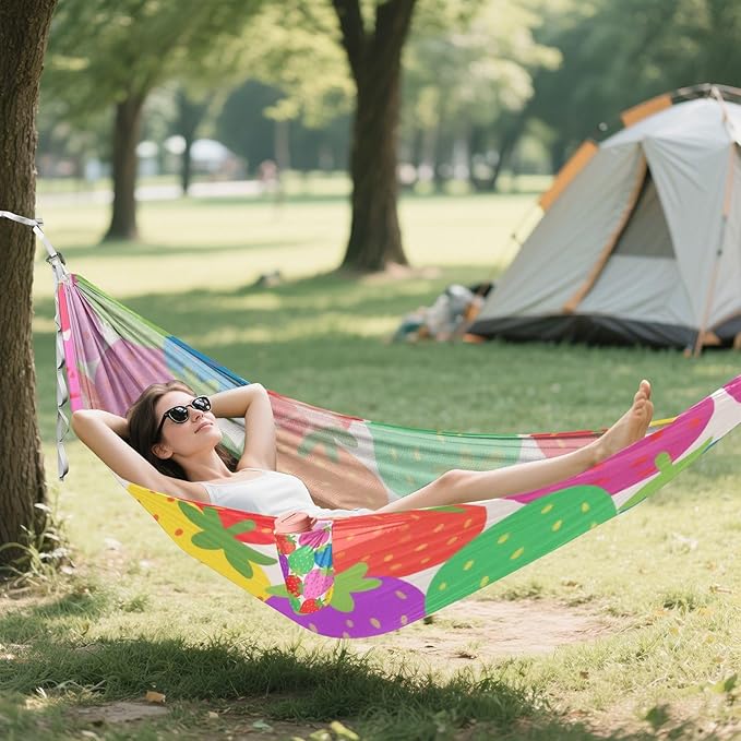 Colorful Cartoon Strawberry Fruit 330lb Capacity Camping Hammock Fabric Hammock for Patio Backyard Lounge Base macas mexicanas de Patio para Adulto