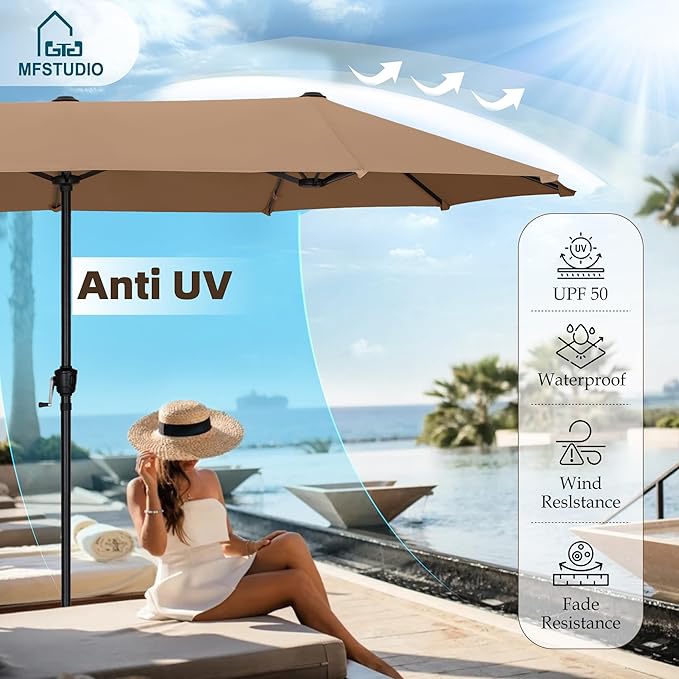 MFSTUDIO 13ft Outdoor Patio Umbrella, Double Sided Large Rectangular Umbrella Market Table Twin Triple Rectangle Umbrellas with Crank Handle for Outside Picnic Backyard Deck Pool (no base)