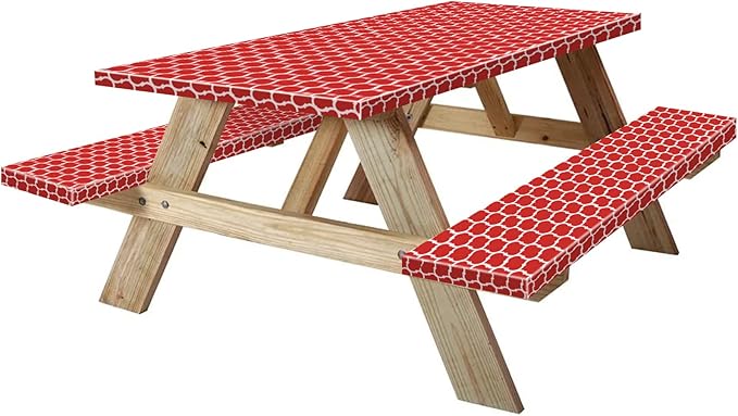 KENOBEE 6ft Picnic Table and Bench Cover, Camping Essentials RV Gear, 72 in Waterproof Windproof Outdoor Elastic All Around Tablecloth, Fitted Rectangle Tables and Seats, Red-White Moroccan