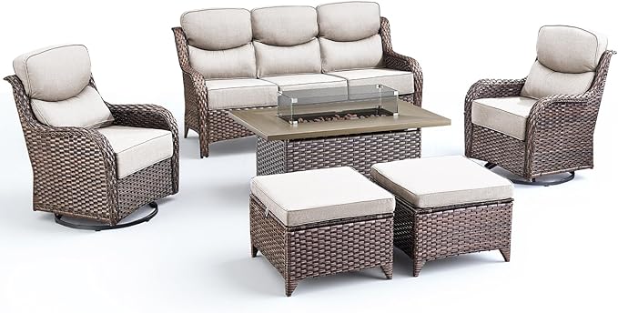 Luxury Patio Furniture Set with Fire Pit Table-6 Pieces All Weather Outdoor Swivel Rocker Chairs with Sofa and Ottomans. Outdoors Patio Conversation Sets for Porch Deck Garden Backyard(Brown/Beige)