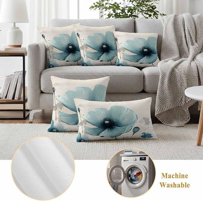 Blue Flowers Butterfly Outdoor Waterproof Throw Pillow Covers Set of 2, 20"x20", Watercolor Retro Leaf Pastoral Style Decorative Pillow Covers Outside Cushion Case for Patio Porch Garden