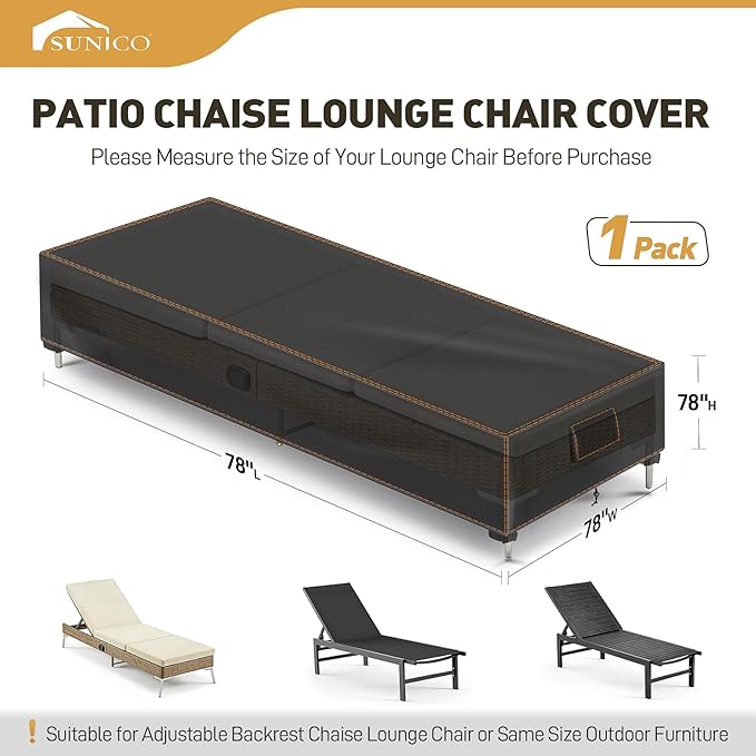 SUNICO Outdoor Chaise Lounge Cover, 78" L x 26" W x 12" H Waterproof Lounge Chair Cover, Pool Lounge Chair Covers, UV Fade Protection, Tear-Resistant, Black