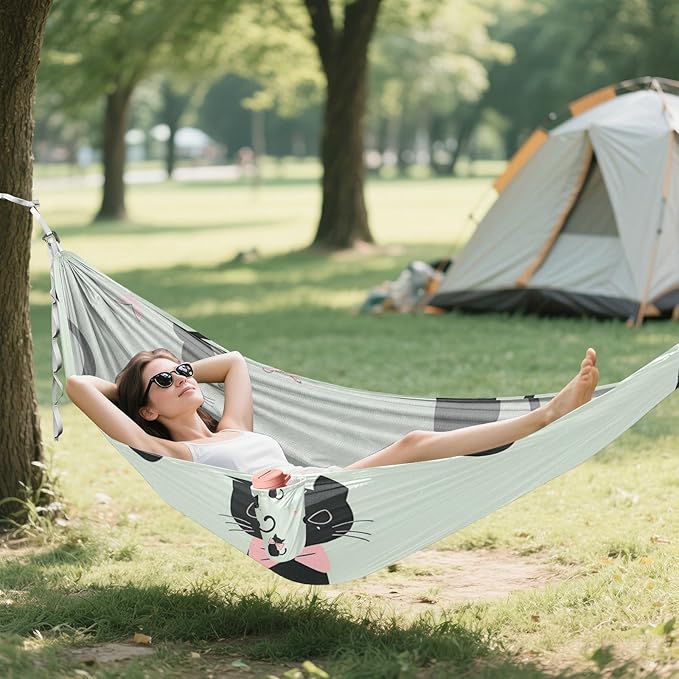 Cartoon Cute Black Cat 330lb Capacity Outdoor Hammock Portable Hammock for Camping & Hiking Essential soporte para hamacas para adultos