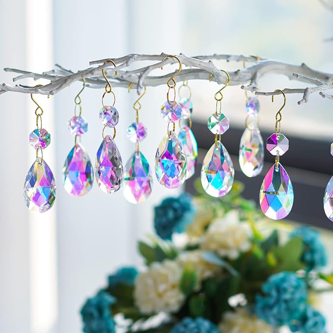 25pcs Crystal Teardrop Chandelier Parts, 38mm Suncatcher Crystal Prisms | Hanging Ornament Chandelier Crystals Rainbow Maker for Windows/Wedding Christmas Tree Decor (Glod Hook+Ring)