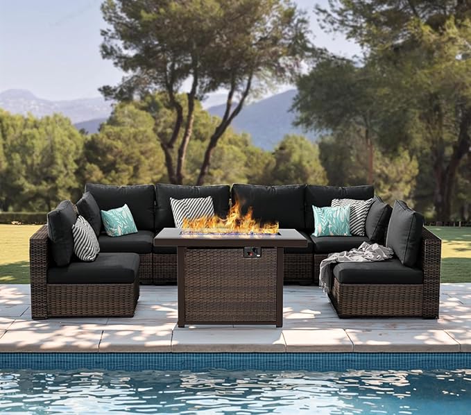 Grezone Patio Furniture Set,7 Piece Patio Furniture Set with Fire Pit Table,PE Wicker Rattan Sectional Sofa Patio Conversation Set with Thickened Cushions, Black