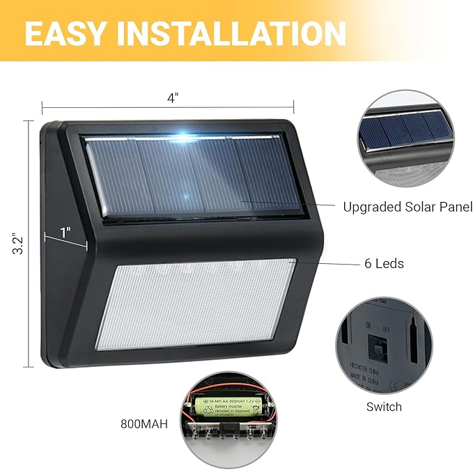 Bright Solar Fence Lights, 12 Pack Outdoor Step Lights, IP65 Waterproof, 3000K Warm-White, Dusk to Dawn Outdoor Lighting with 6 LED for Wall, Garage, Patio, Exterior, Porch