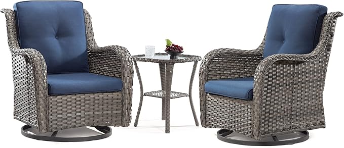 Outdoor 360 Degree Swivel Rocker Patio Chairs Sets of 2 and Matching Side Table - 3 Piece Patio Wicker Glider Chairs with Olefin Cushions(Mixed Grey/Blue)