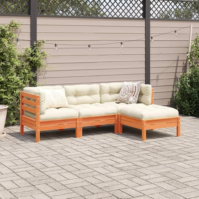 4 Piece Patio Sofa Set with Cushions, Patio Conversation Set Front Porch Furniture Sectional Sofa Garden Lounge Set for Poolside Exhibition Negotiation Area Piazza Wax Brown Solid Wood Pine