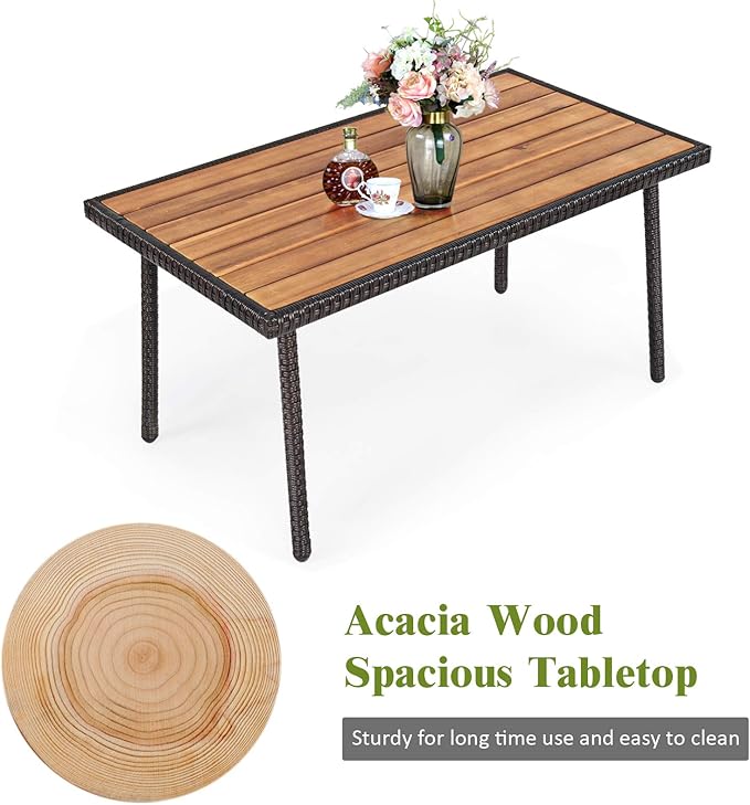 Tangkula 4 PCS Patio Rattan Furniture Set, Outdoor Conversation Set w/Cushions & Acacia Wood Coffee Tabletop, Sectional Sofa Set for Garden, Backyard, Poolside (1, Brown)