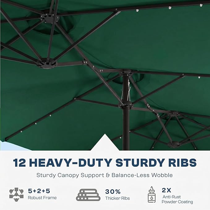 15FT Large Outdoor Patio Umbrella with Solar Lights and Base, Double-Sided Table Umbrellas with 48 LED Lights, Rectangle Market Umbrella for Pool, Deck, Backyard