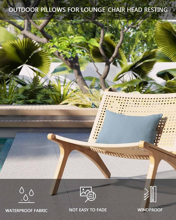 Outdoor Pillow for Lounge Chair with Strap & Insert Winter Sky Blue Recliner Head Pillow Solid Color Waterproof Headrest Patio Lumbar Pillows for Beach Pool Office Chaise Chair 11x16 Inch