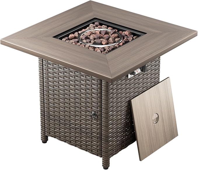 Luxury High Back Patio Furniture Set 30" Fire Pit Table with 6-Inch Thick Cushions, 5-Pieces Outdoor Furniture w/ 4 Swivel Chairs, Wicker Conversation Set for Porch, Balcony, Deck and Yard, Brown/Grey
