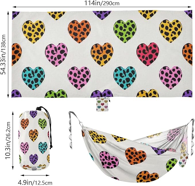Cartoon Leopard Print Heart Colorful 330lb Capacity Outdoor Hammocks with Tree Straps Indoor Hammock for Camping Travel Accessories hamacas para adultos 2 Personas