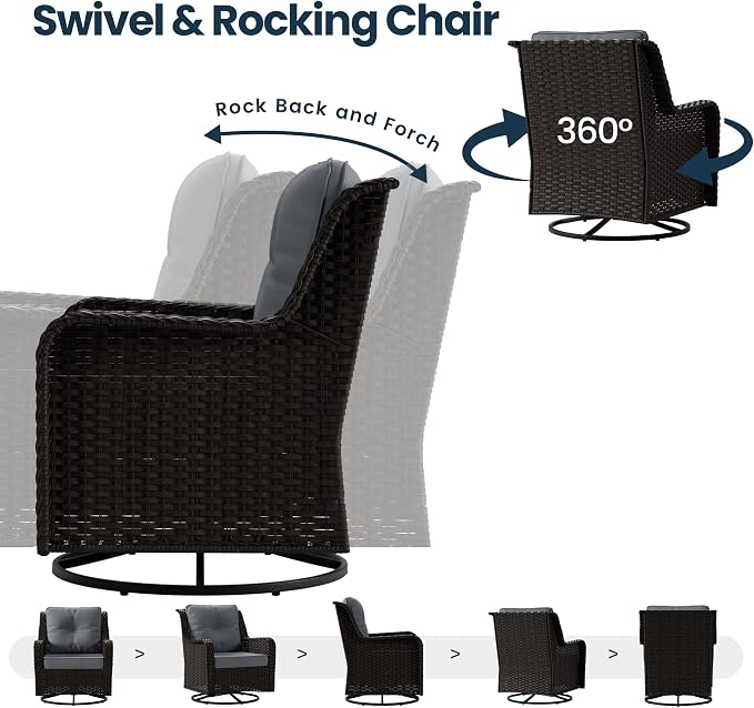Kullavik 7 Pieces Patio Furniture Set,All-Weather Wicker High Back Outdoor Swivel Rocker Patio Chairs with Fire Pit Table & Thick Cushions,Paito Conversation Set for Porch,Deck,Grey