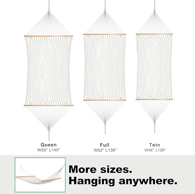 12ft Double Hammocks for Outside, Handwoven Traditional Cotton Rope Hammock with Hardwood Spreader Bar, Chains and Hooks for Indoor Outdoor, Max 450 lbs Capacity(Natural Beige, Medium)