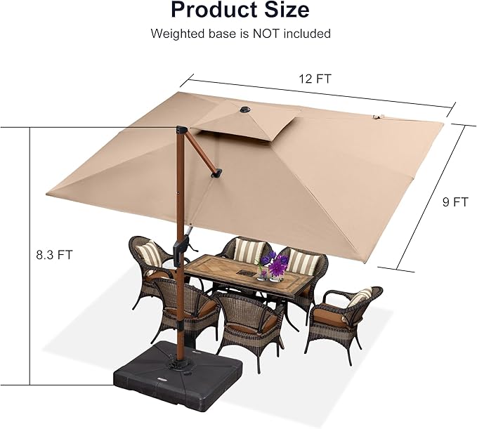 PURPLE LEAF 9' X 12' Double Top Deluxe Wood Pattern Rectangle Patio Umbrella Offset Hanging Umbrella Outdoor Market Umbrella Garden Umbrella, Beige