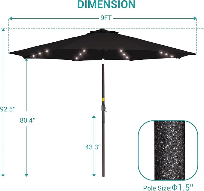 9ft Patio Umbrella Outdoor with Solar Lights,32 LED Lighted Table Market Umbrella with Tilt and Crank, 2-Year-Non-Fading, 8 Sturdy Ribs,for Pool, Deck, Garden,Backyard