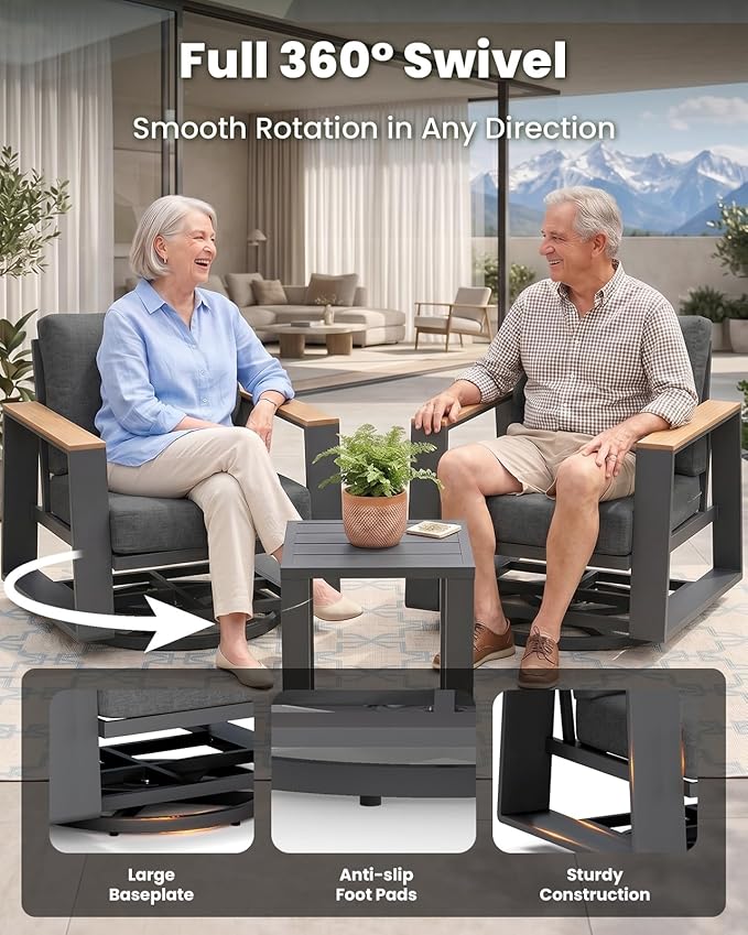 Aluminum Outdoor Patio Furniture Set, 5-Piece Patio Conversation Set with 5" Thick Cushions, Aluminum 360-Degree Large Outdoor Furntiure Set with Side Table and 5-Seat Sofa, Graphite