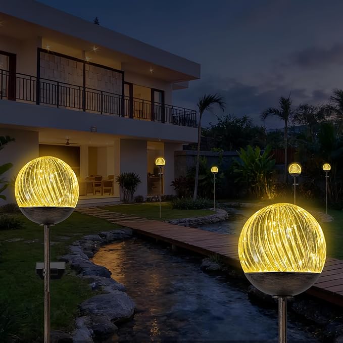 Solar Globe Stake Lights - Twinkle Effect Outdoor Acrylic Ball Garden Lights with 20 LED, IP44 Waterproof,Metal H-Shaped Ground Spike for Yard, Pathway, Patio Decor (Bronze Stake, 2 Pack)